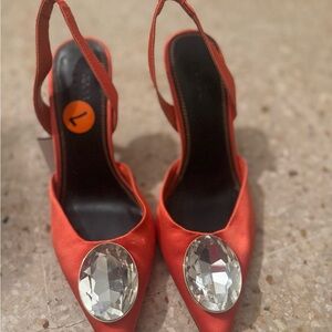 ASOS Vibrant Orange Satin Heels with Crystal Detail